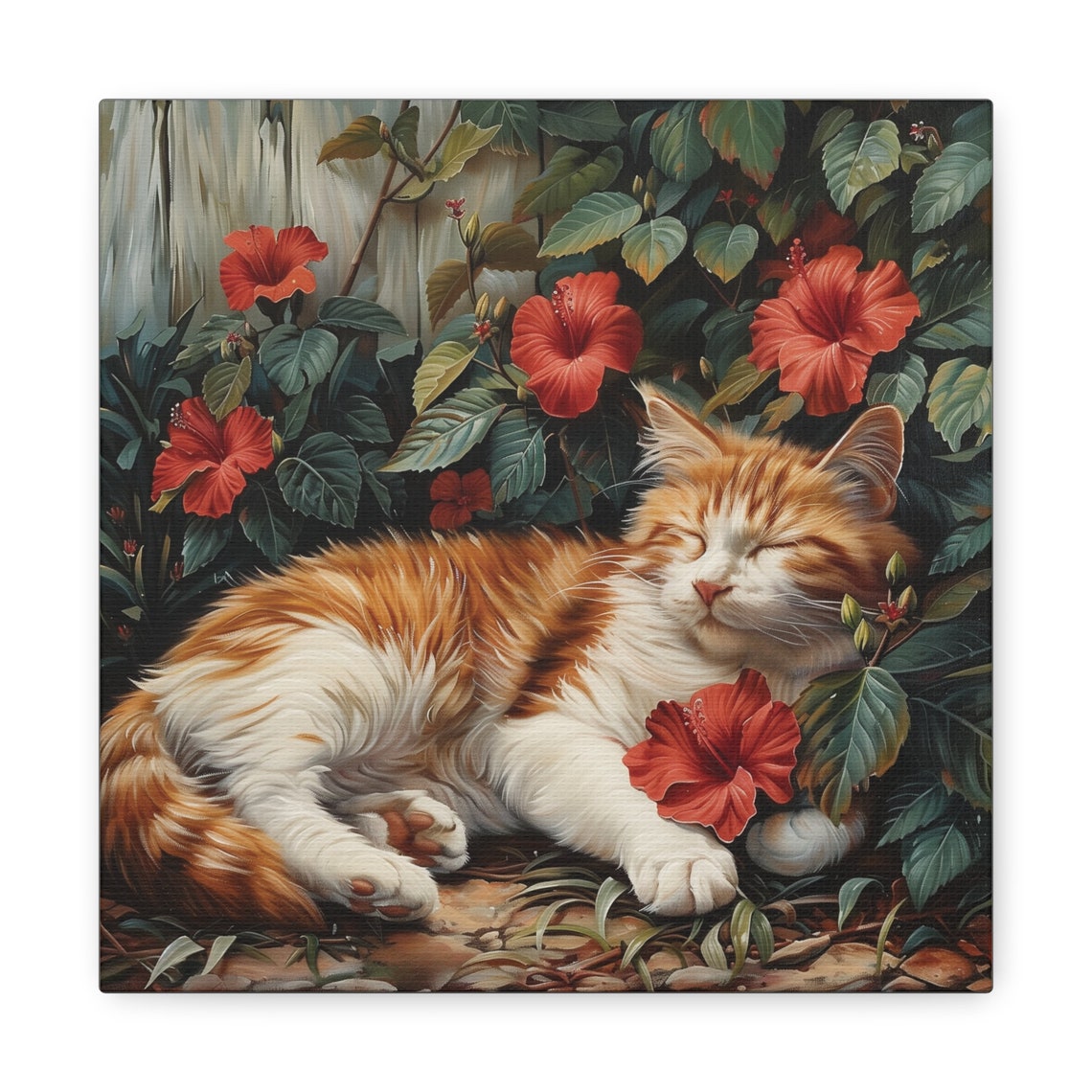 Orange and White Cat Sleeping Among Red Hibiscus Flowers Poster - Image 2