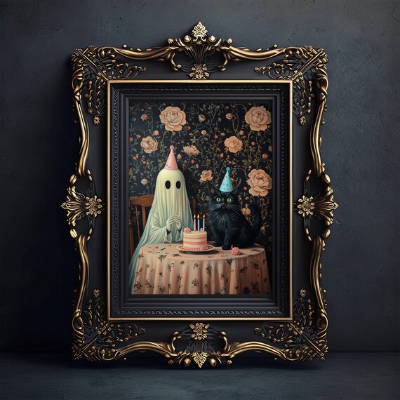 Ghost and Black Cat Birthday Party Art Print, Whimsigoth