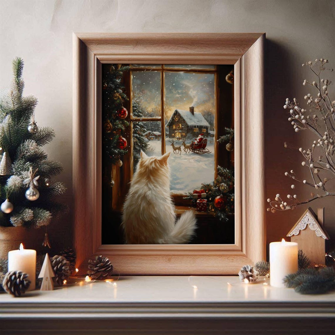 White Fluffy Cat Watching Santa Sleigh Through a Snowy Window Poster - Image 5