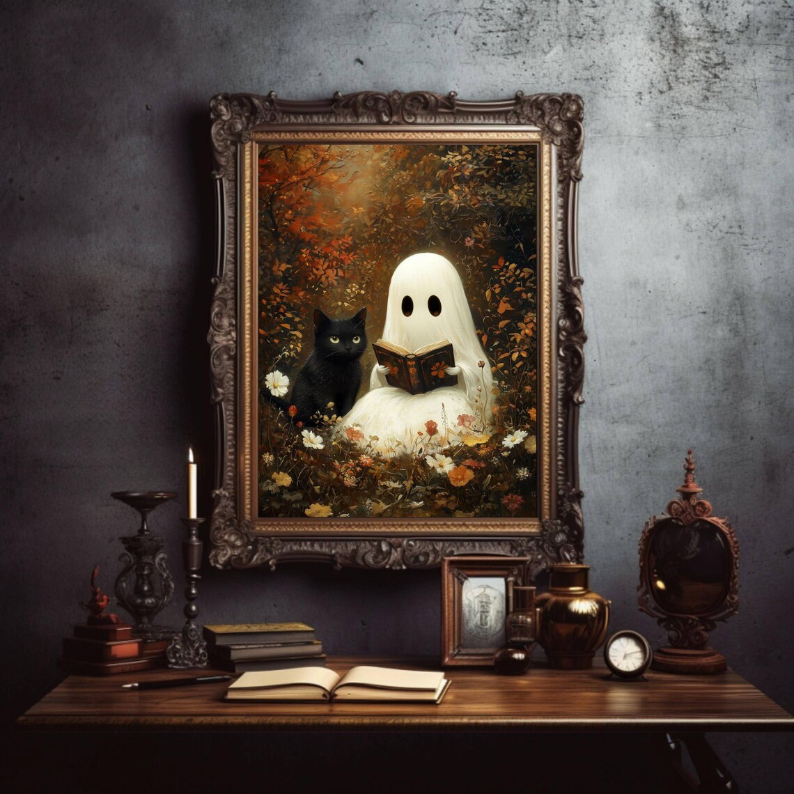 Cute Ghost Reading With Black Cat, Whimsigoth Poster - Image 4