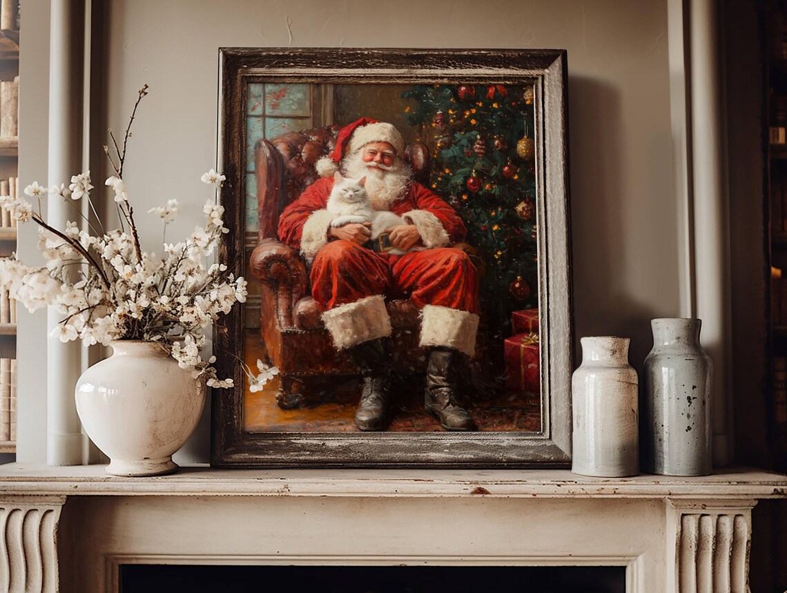 Santa and White Cat Christmas Holiday Art Print - Image 4