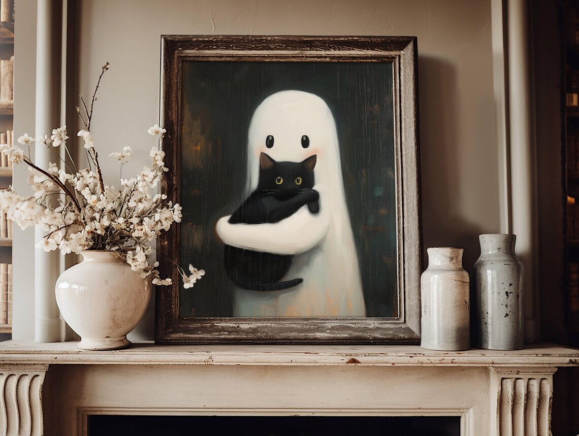 Adorable Little Ghost Hugging a Black Cat Whimsigoth Painting Style Poster - Image 2