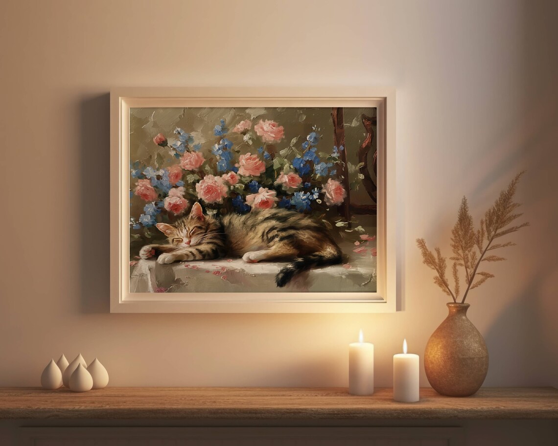 Tabby Cat Sleeping Among Pink Roses and Blue Delphinium Still Life Poster - Image 6