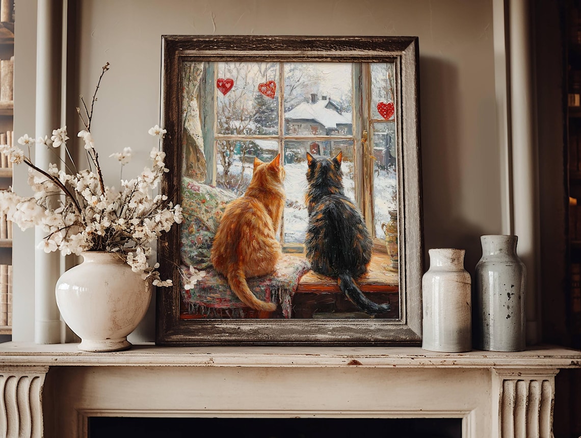 Orange Tabby and Tortie Cat Valentine Art Print - Image 3