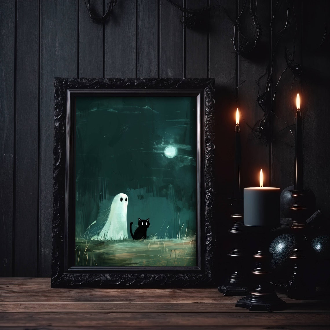 Ghost And Black Cat On A Hill Under The Full Moon Night Poster - Image 6