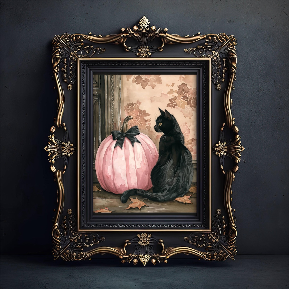 Coquette Black Cat and Pink Pumpkin Whimsigoth Art Print