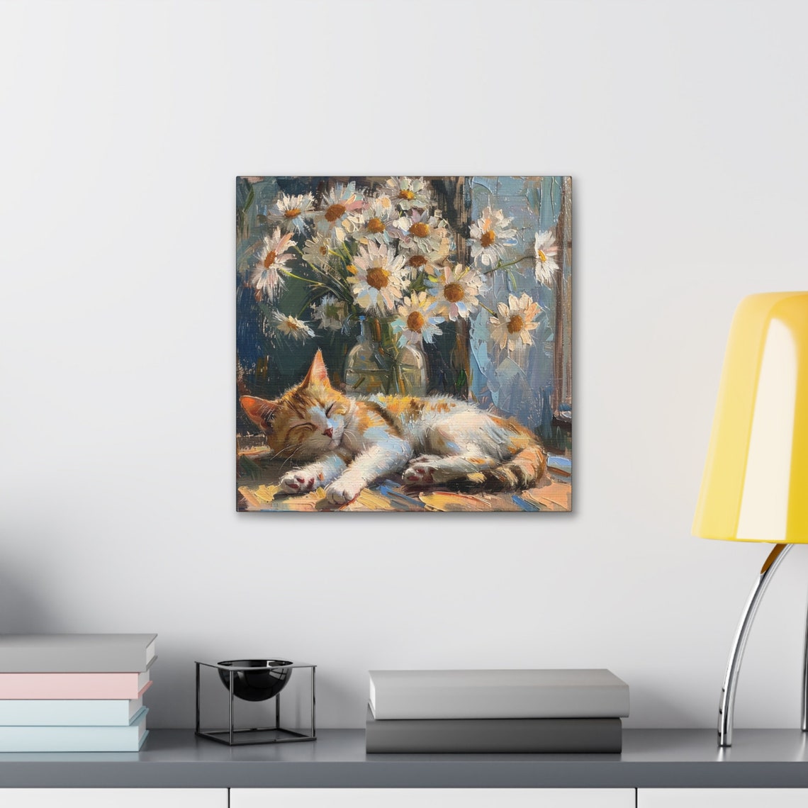 Calico Kitten Sleeping Under a Vase of White Daisy Blooms Poster - Image 3