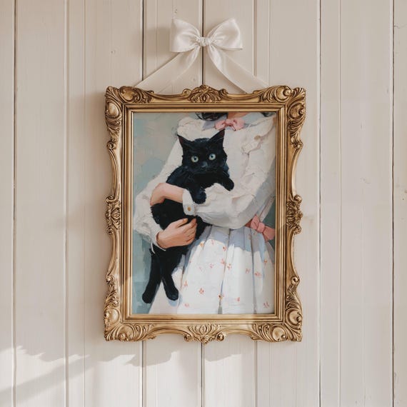 Coquette Girl And Black Cat Poster Romantic Moody Wall Decor Victorian Goth Art Unframed