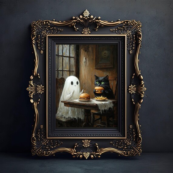 Ghost And Black Cat Sharing Burgers And Fries Funny Art Poster
