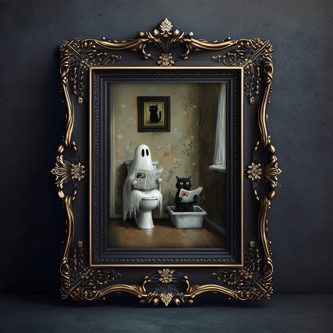 Ghost And Black Cat Bathroom Humor Poster Print