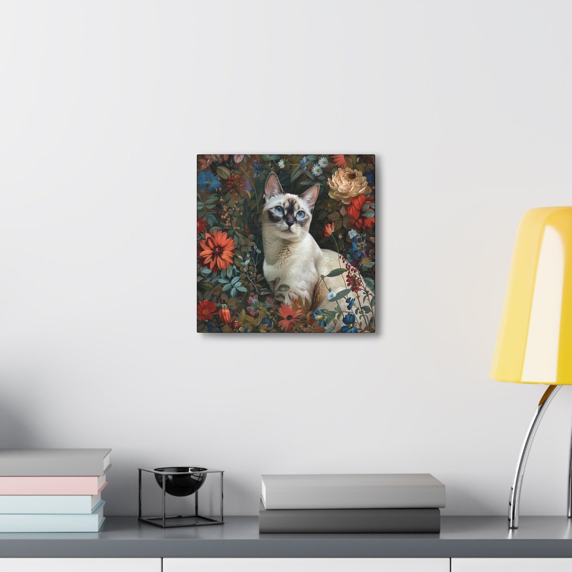 Siamese Cat with Blue Eyes Among Dark Botanical Flowers Poster - Image 6
