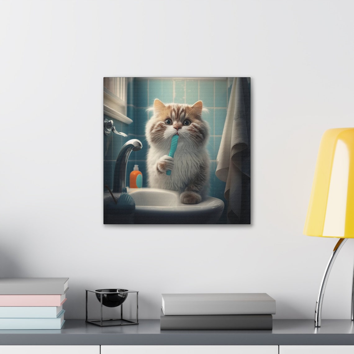 Fluffy Cat Brushing Teeth in a Blue Tile Bathroom Sink Poster - Image 3