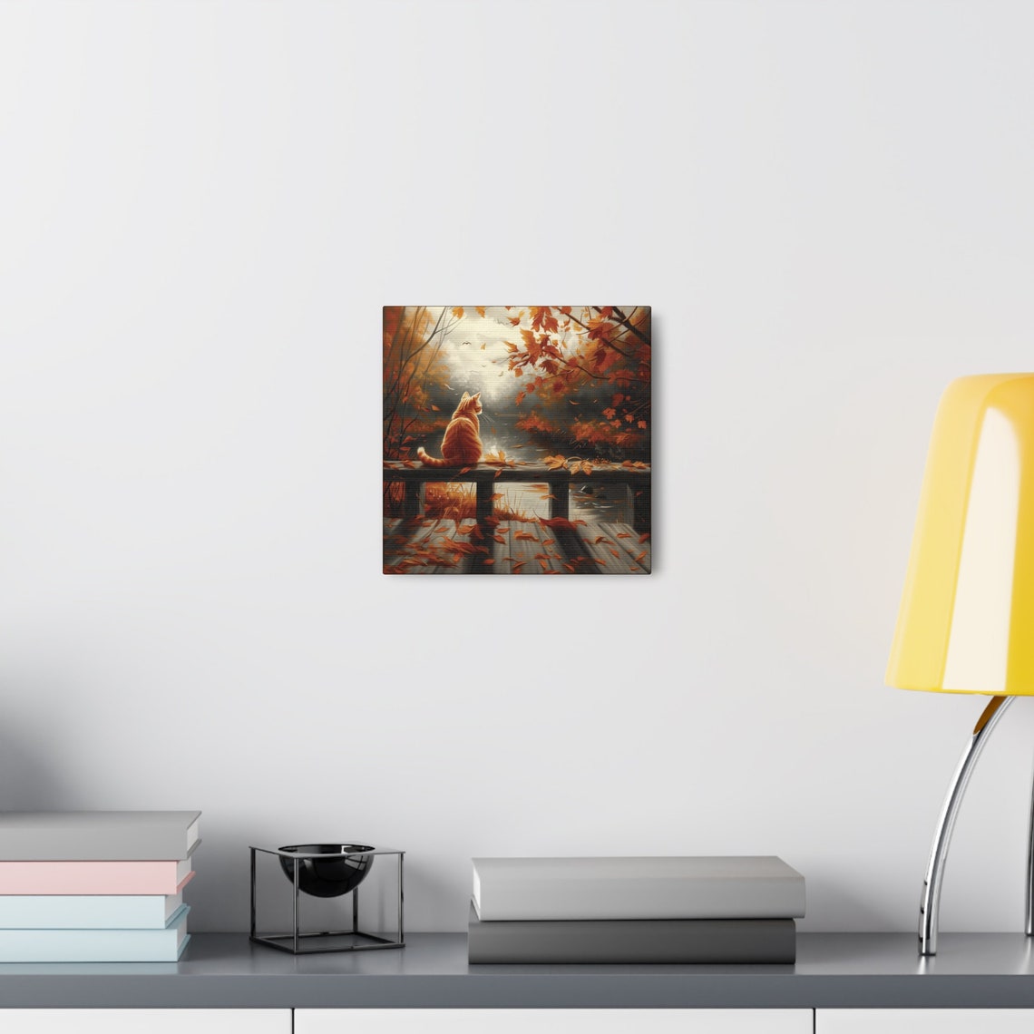 Orange Cat on Autumn Bridge Watching Fall Lake Leaves Painting Poster - Image 7