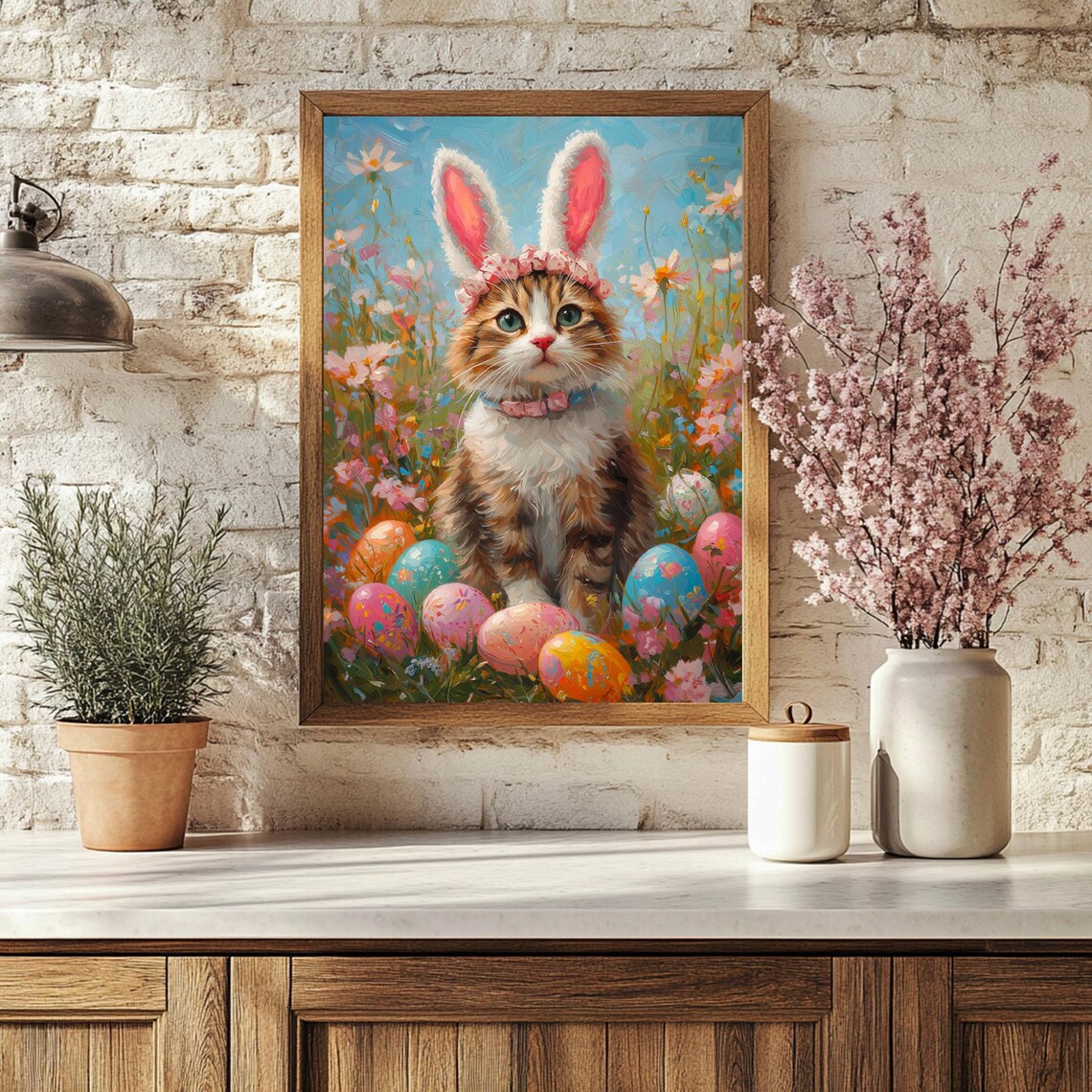 Cat With Bunny Ears Easter Floral Cat Art Print - Image 2
