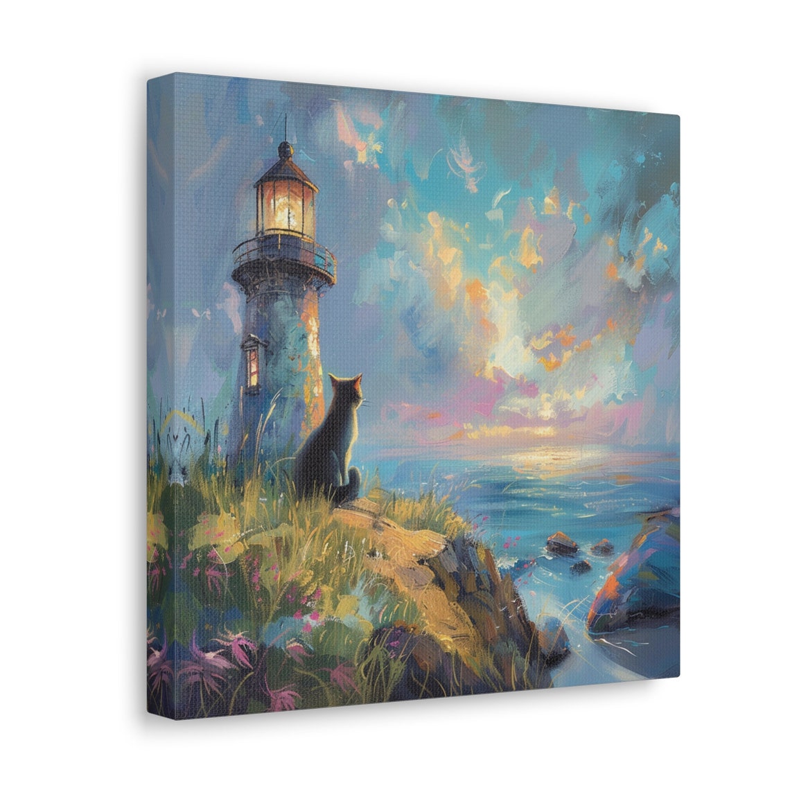 Lighthouse Cat Wall Art Cat Mom Gift Art Cute Kitty Wall Decor Lighthouse Ocean Home Decor - Image 3