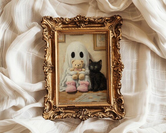 Ghost in Pink Slippers Holding a Teddy Bear Next to a Black Cat Poster