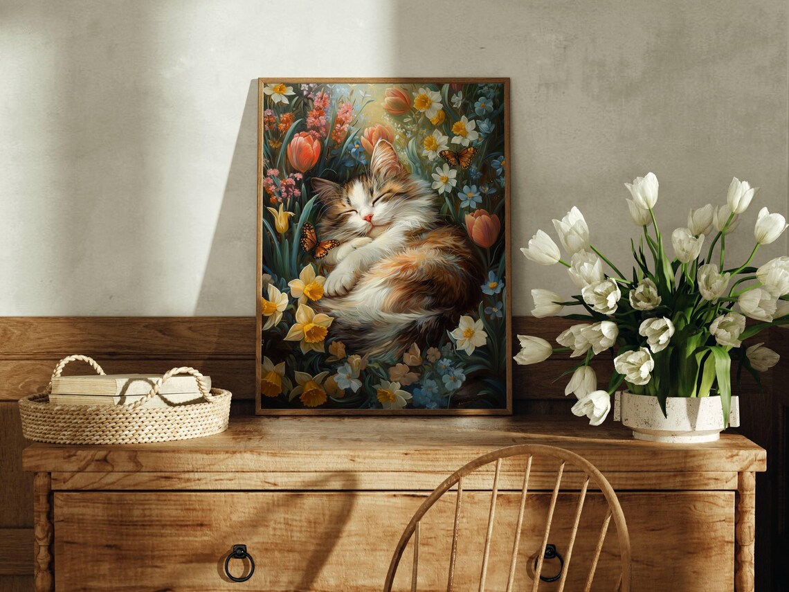 Calico Kitten in Spring Flowers, Floral Cat Print - Image 2