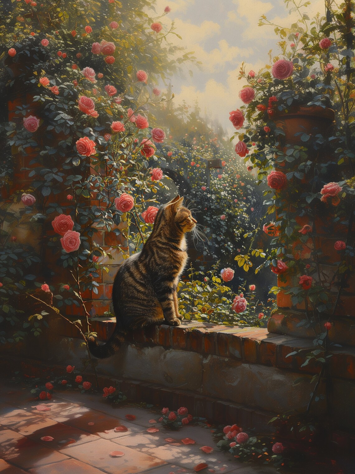 Tabby Cat on Brick Garden Wall Among Roses Golden Light Painting Poster - Image 6