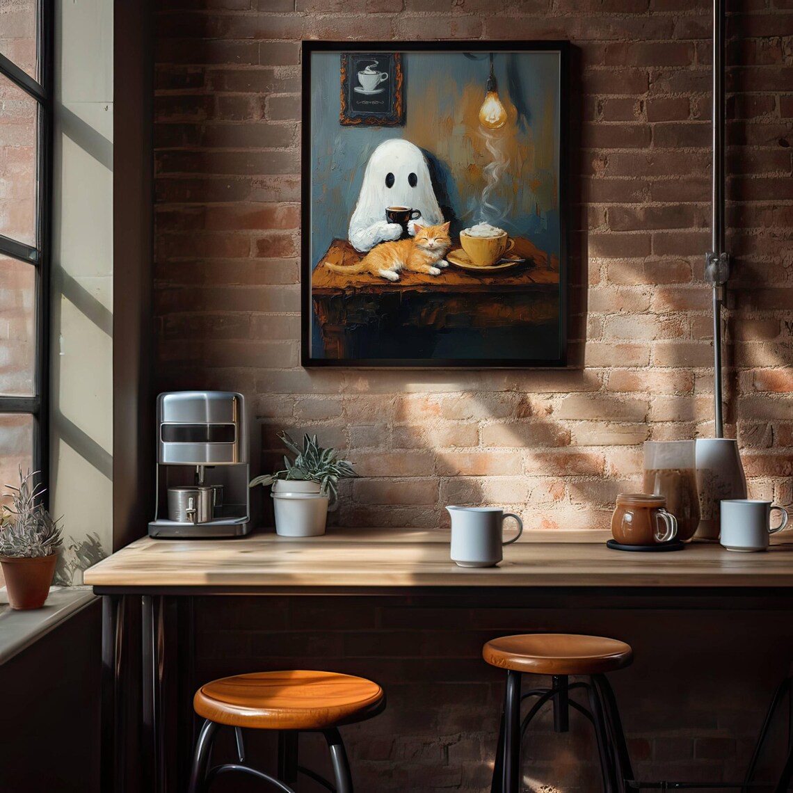 Ghost And Cat Coffee Break, Whimsigoth Kitchen Art Print - Image 4
