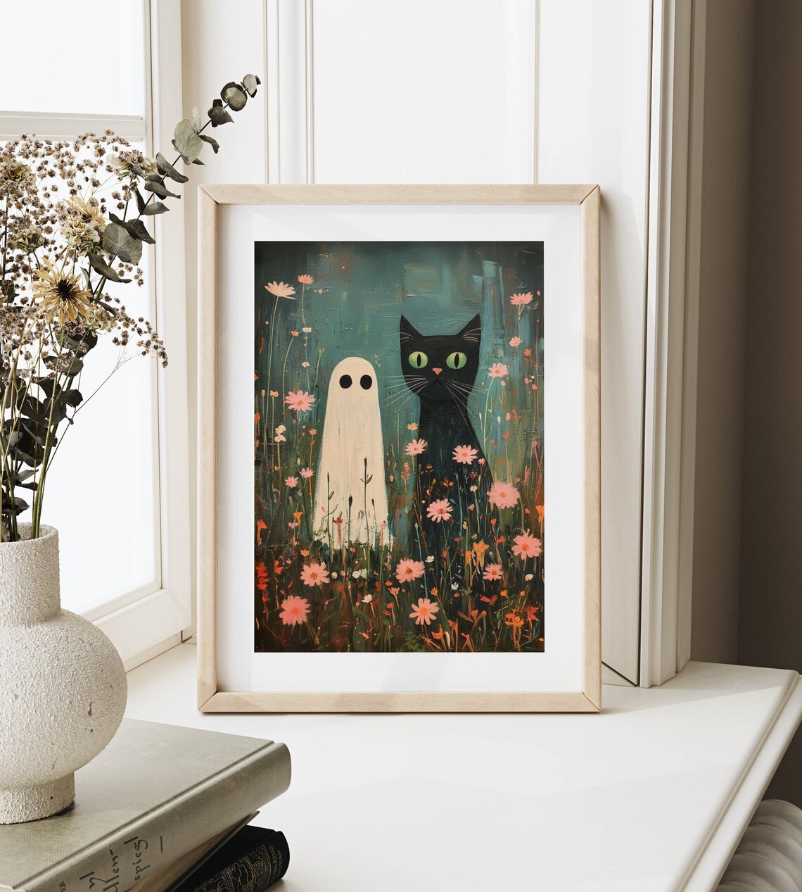 Sweet Ghost and Green-Eyed Black Cat Standing in a Wildflower Meadow Poster - Image 5