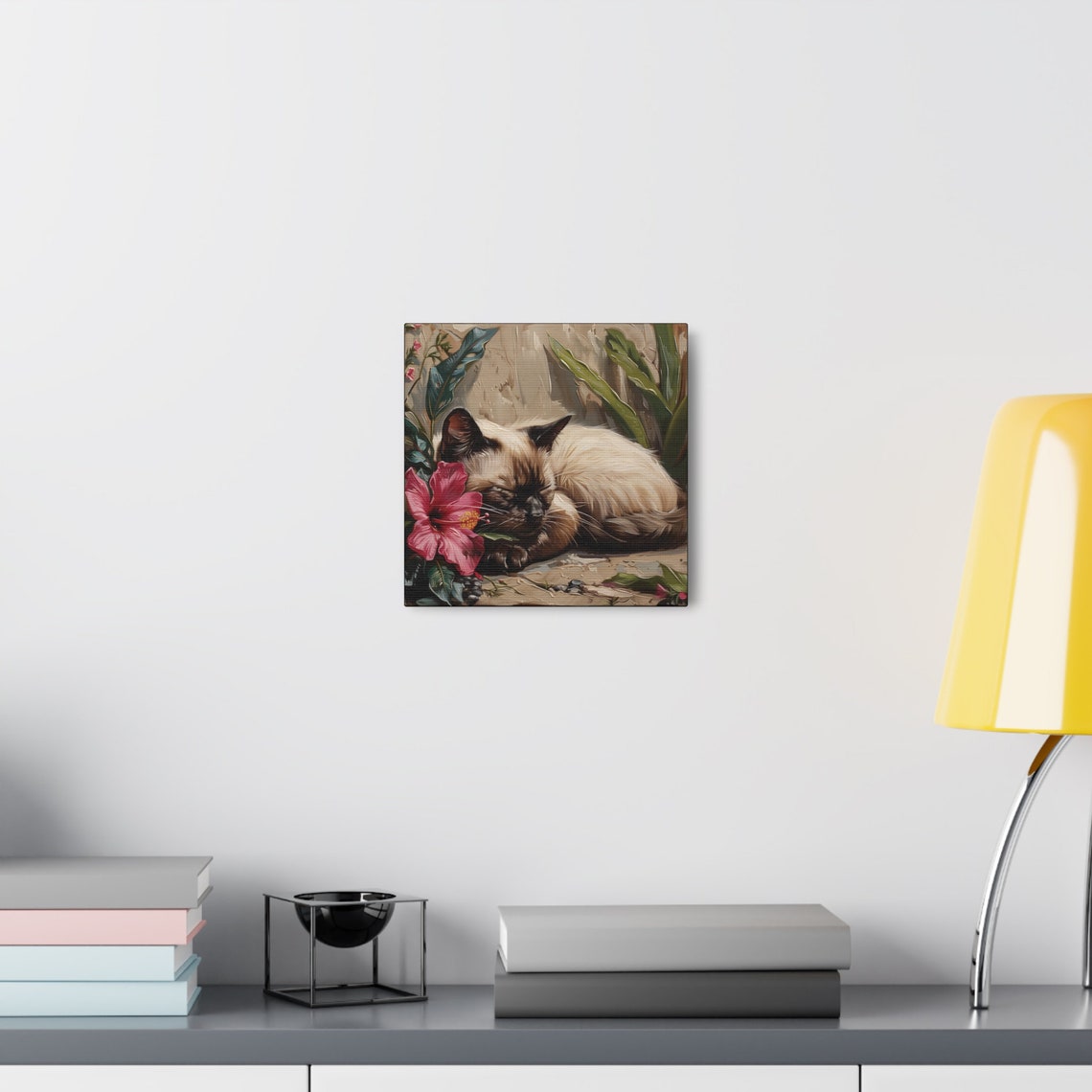 Siamese Cat Sleeping Beside Pink Hibiscus Flower Painting Poster - Image 7