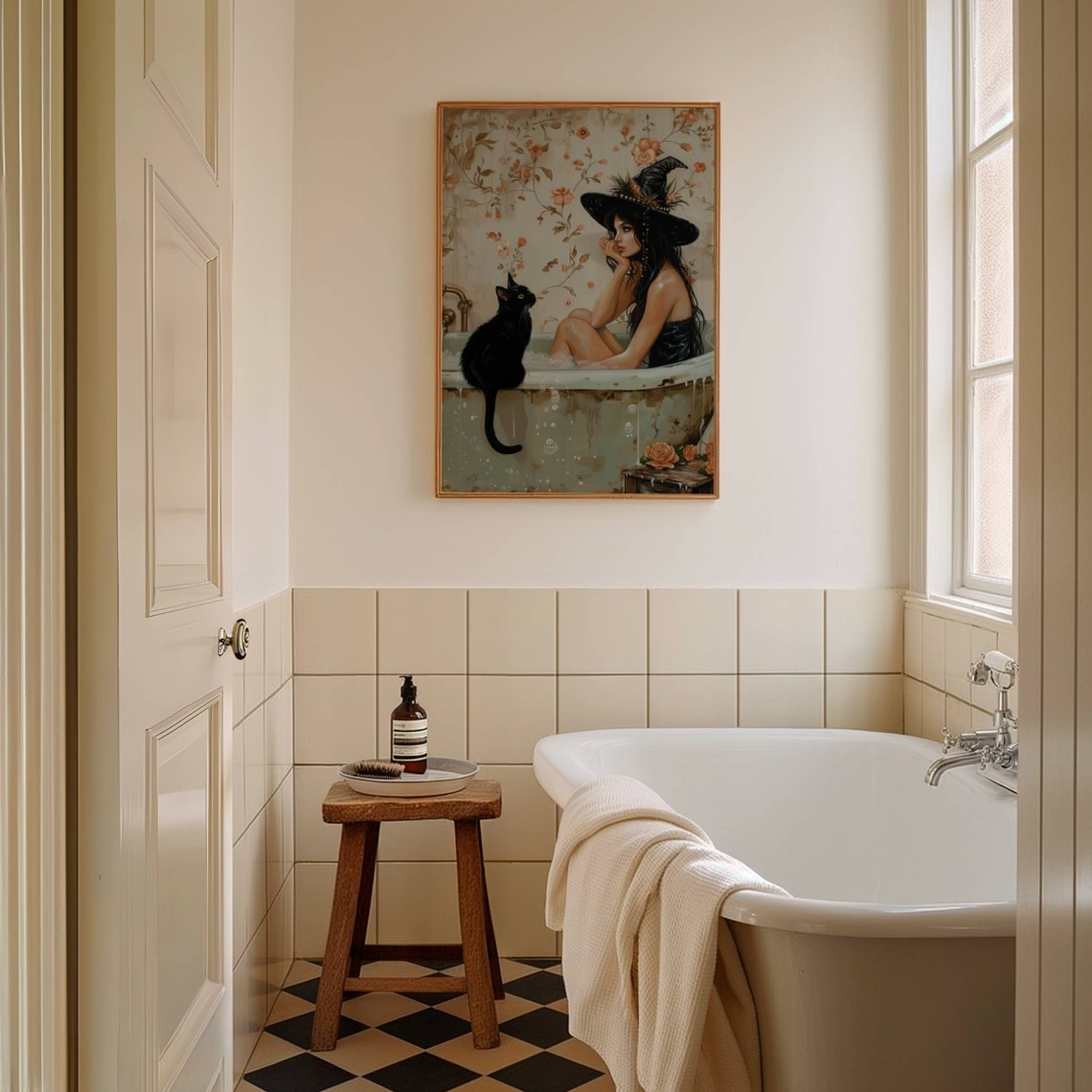 Pensive Witch Bathing In A Tub With A Black Cat Light Art Poster - Image 7
