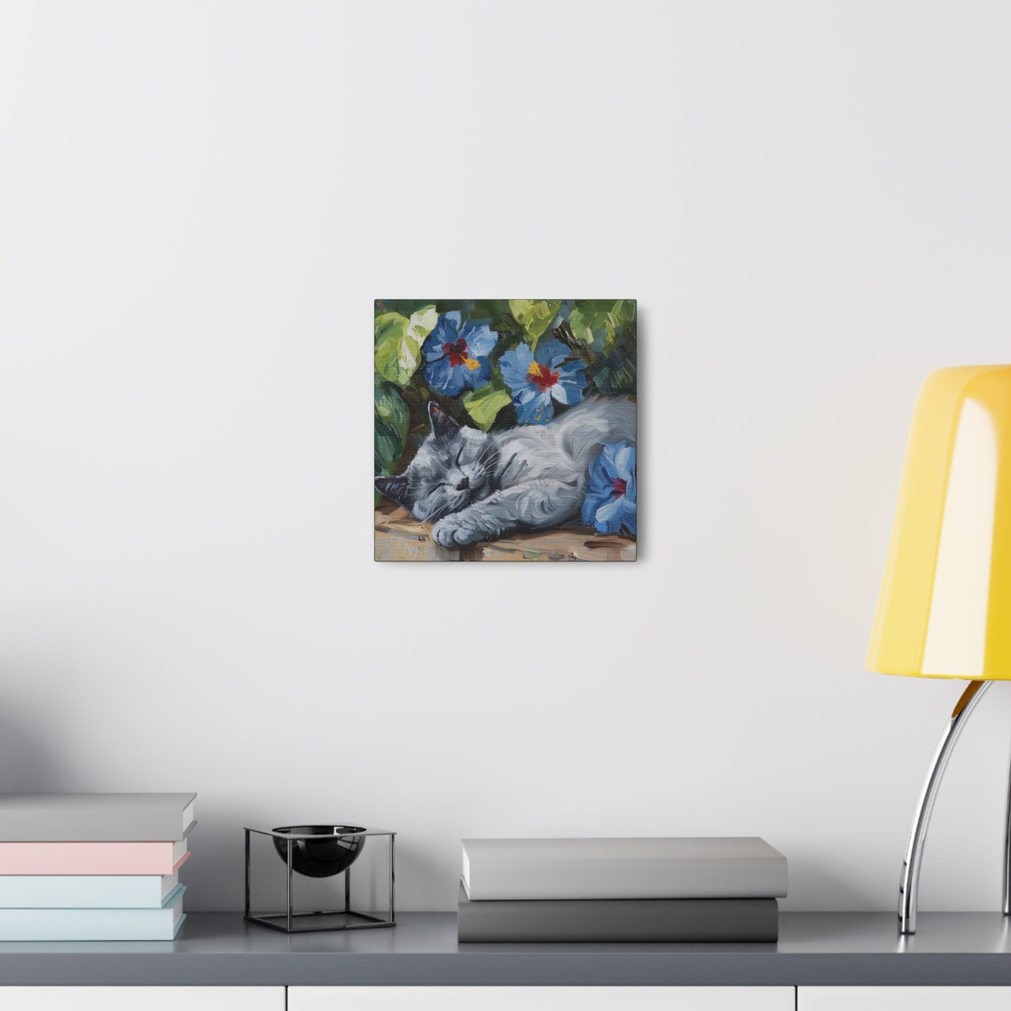 Russian Blue Gray Cat Sleeping Among Blue Hibiscus Flowers Poster - Image 7
