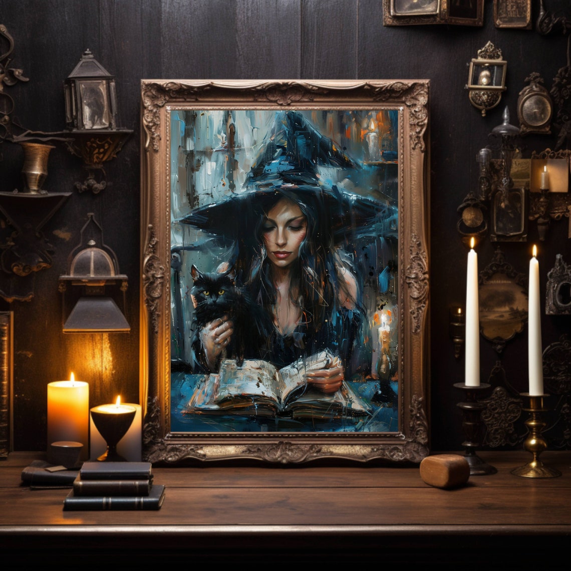 Witch Reading A Spellbook By Candlelight With Black Cat Poster - Image 5