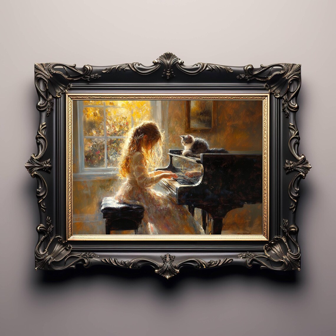 Girl Playing Piano With Her Cat, Music Room Art Print - Image 3