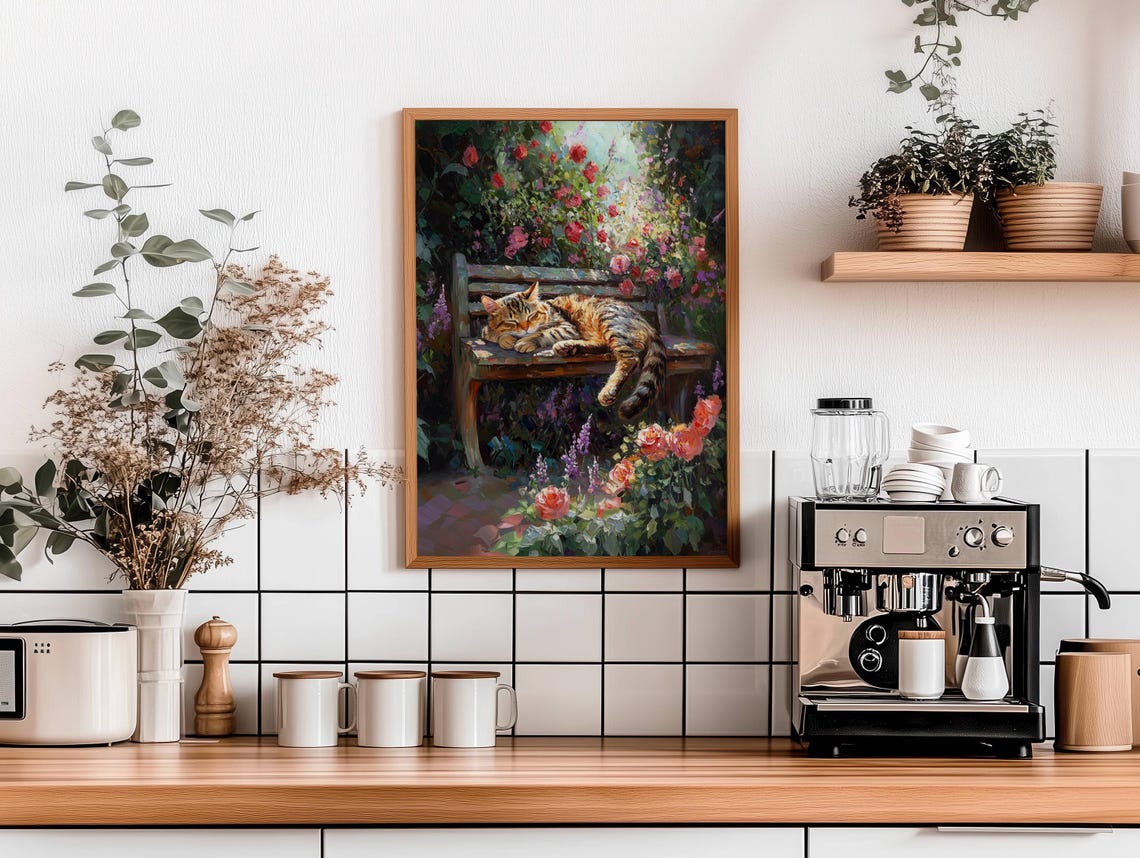 Sleeping Tabby Cat on a Garden Bench Among Roses and Lavender Poster - Image 5