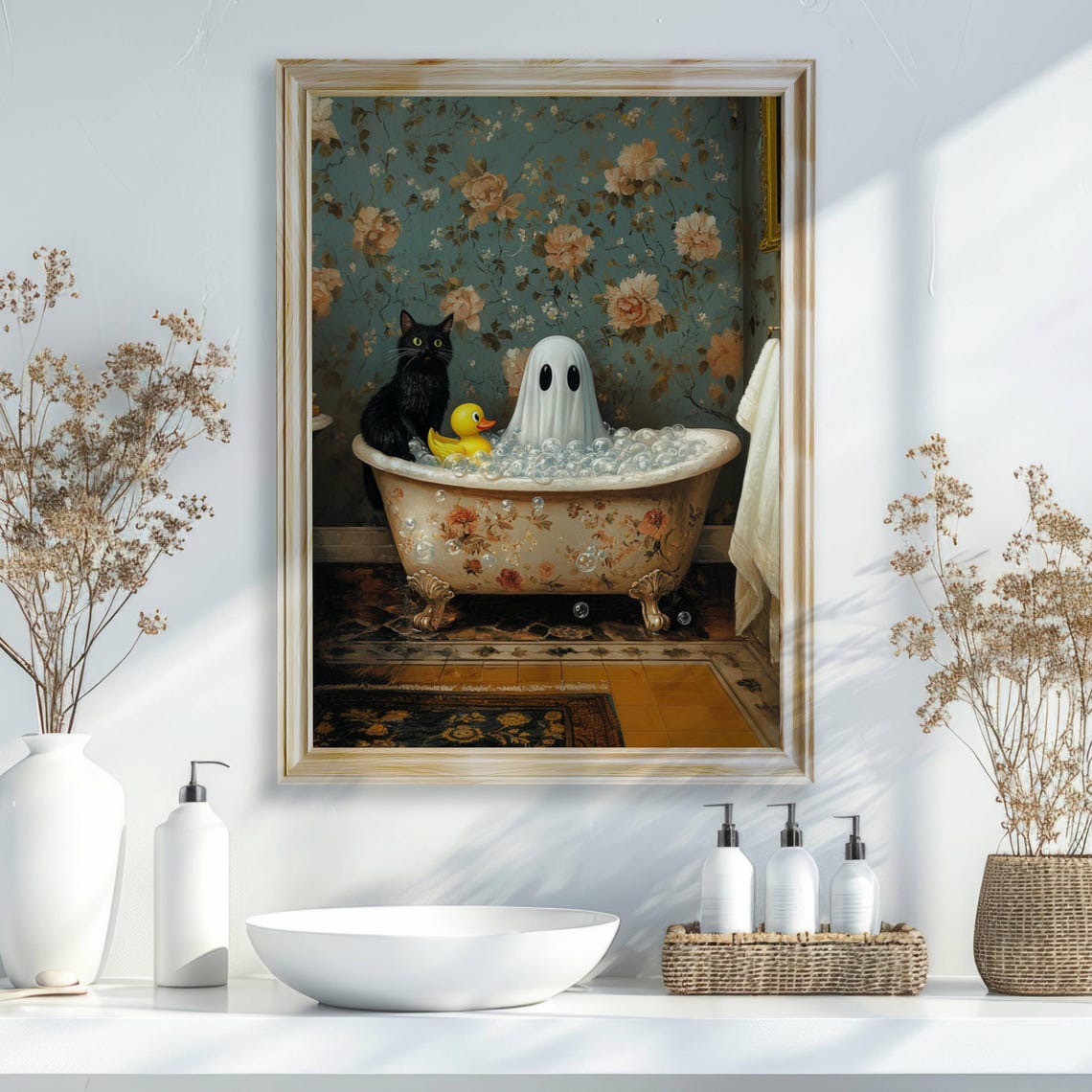 Black Cat Ghost and Rubber Duck in a Vintage Bubble Bath Poster - Image 3