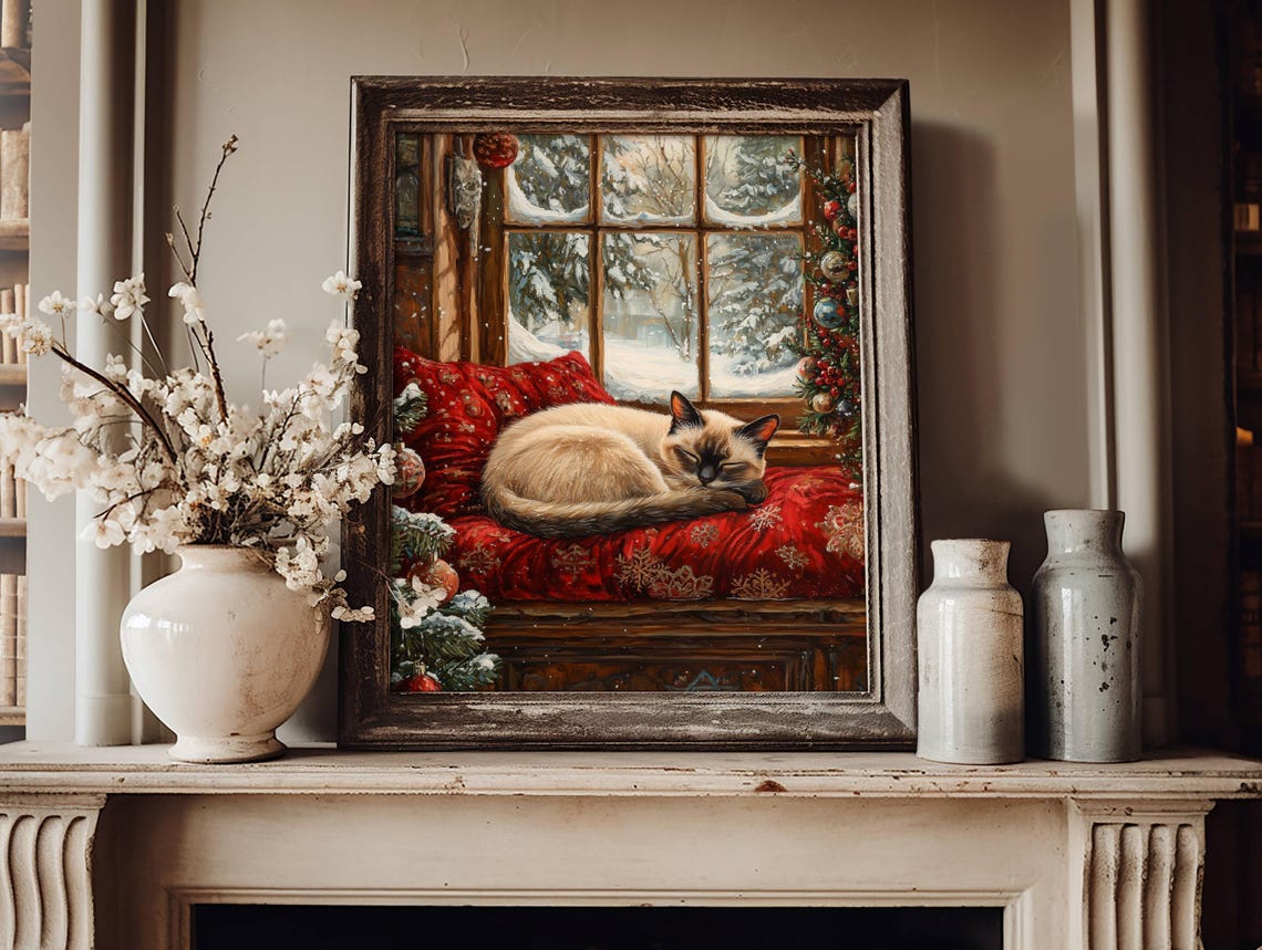 Siamese Cat Sleeping by a Snowy Christmas Window Cozy Holiday Poster - Image 2