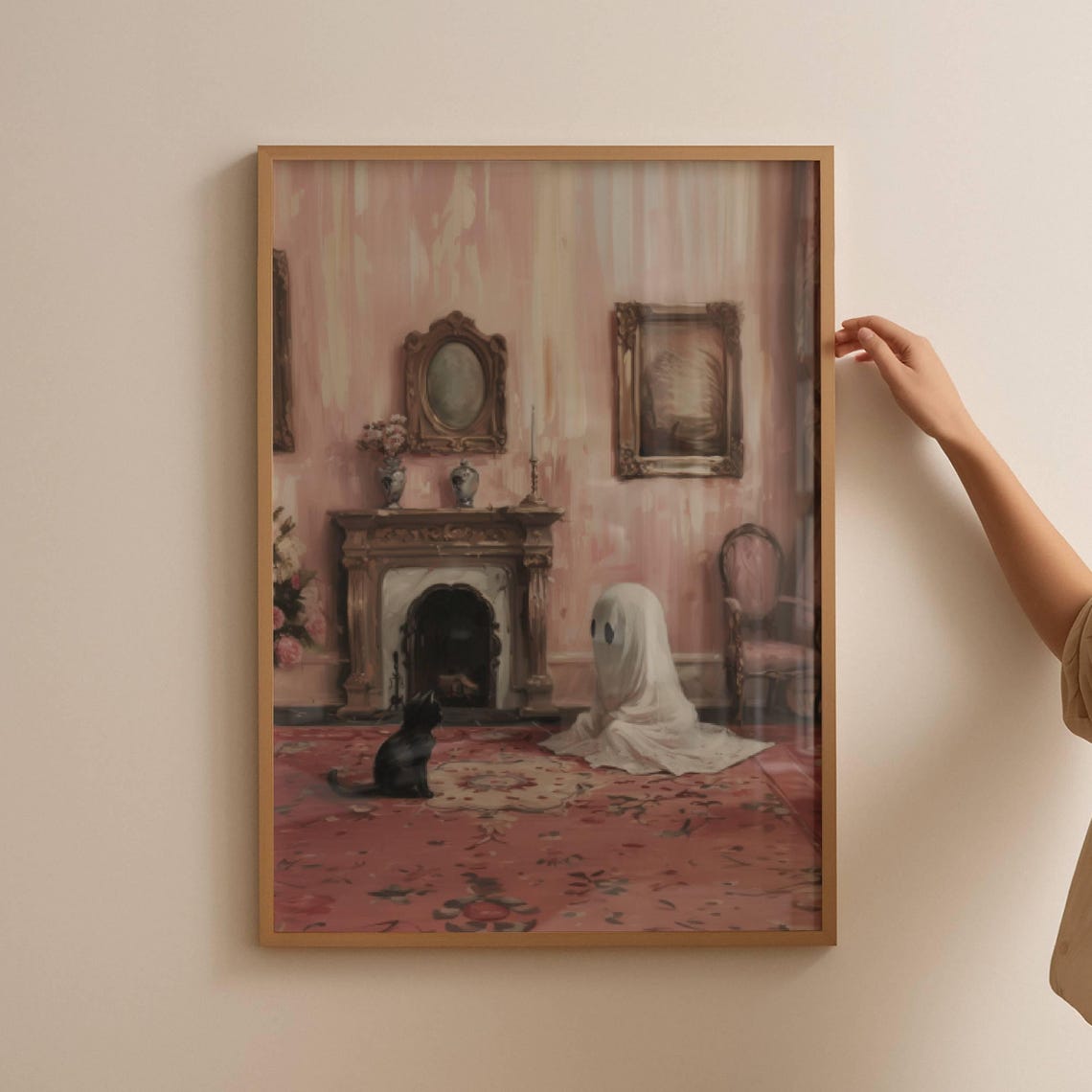 Ghost and Black Cat Sitting in a Pink Victorian Parlor Poster - Image 5