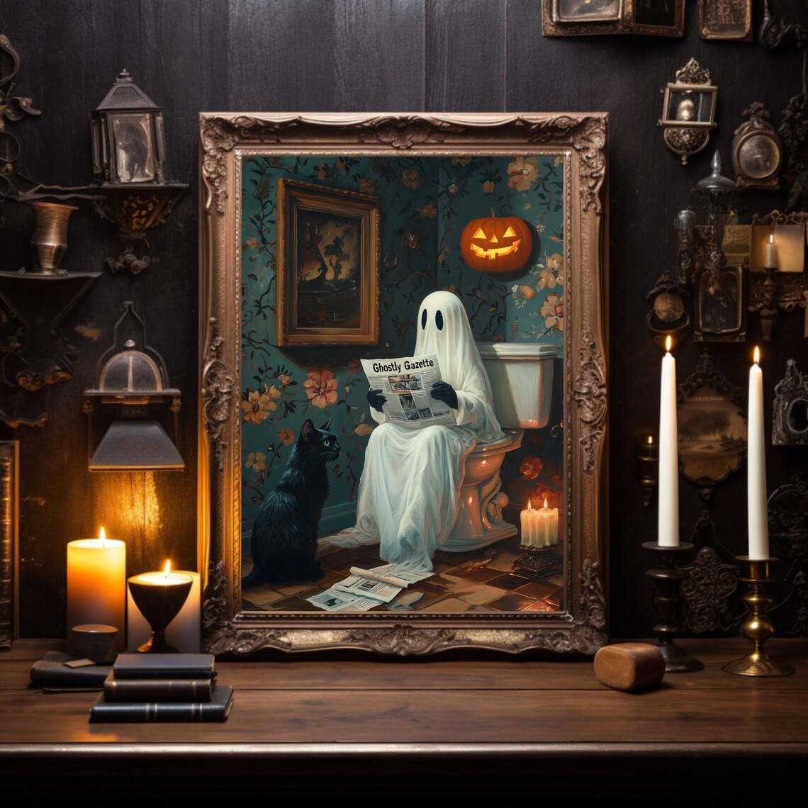 Ghost And Cat In Bathroom, Bathroom Wall Art Print