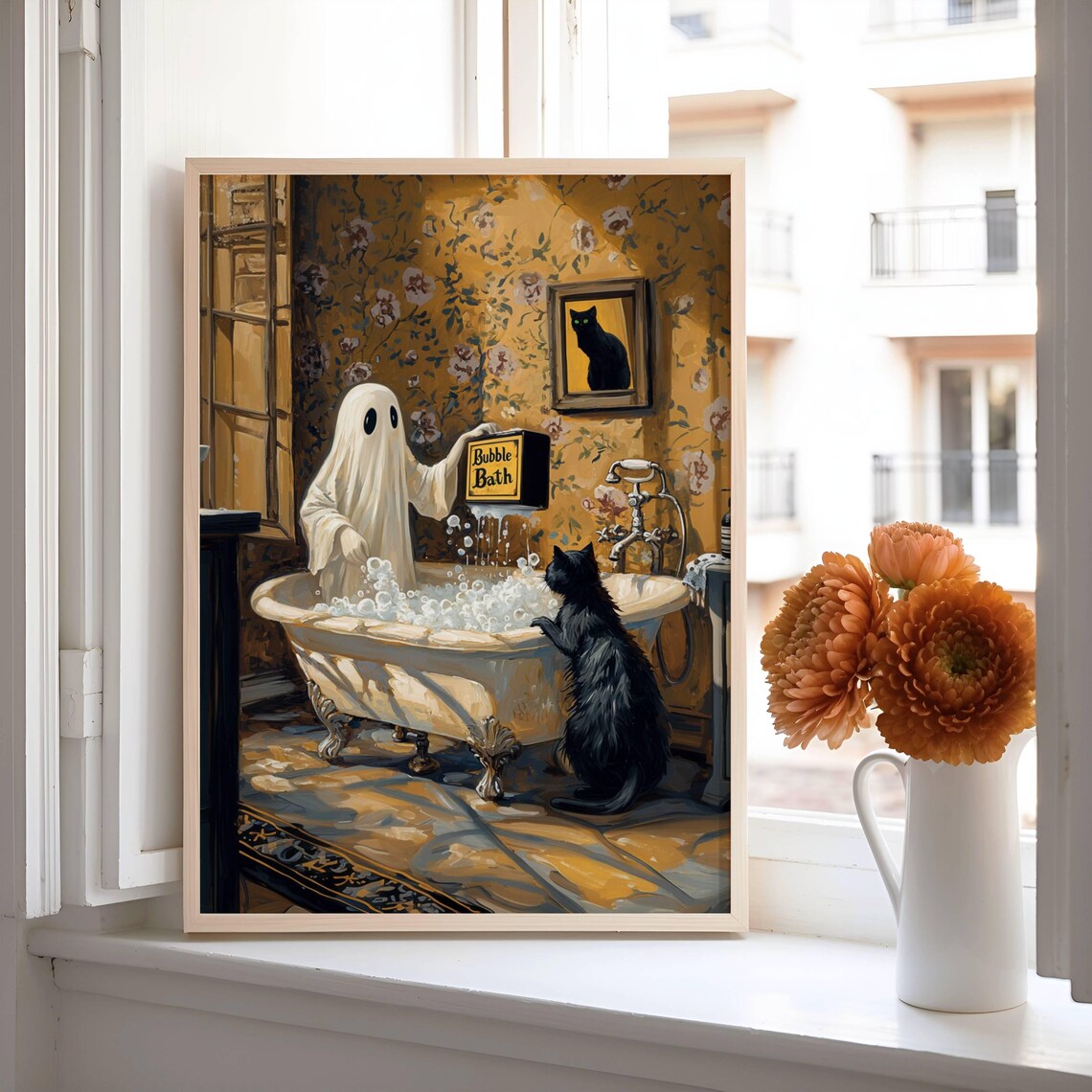 Ghost Pouring Bubble Bath for Black Cat Vintage Victorian Bathroom Poster - Image 6
