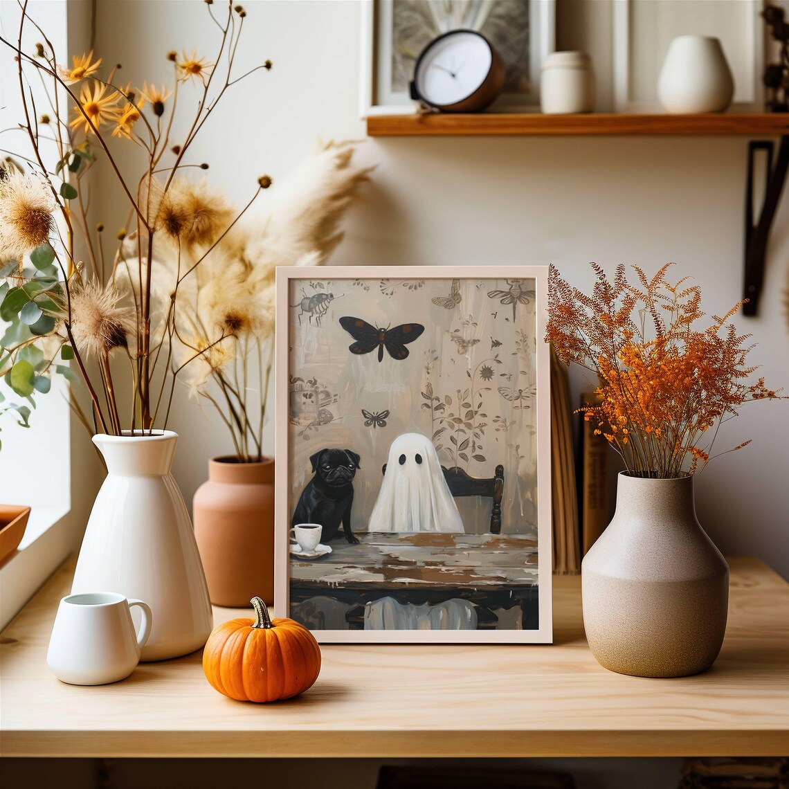 Ghost And Black Pug Coffee Time Wall Art Print - Image 2