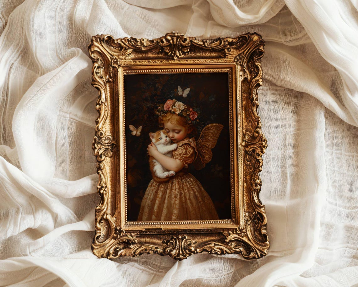 Victorian Fairy Girl Hugging a Kitten Among Butterflies Poster - Image 3