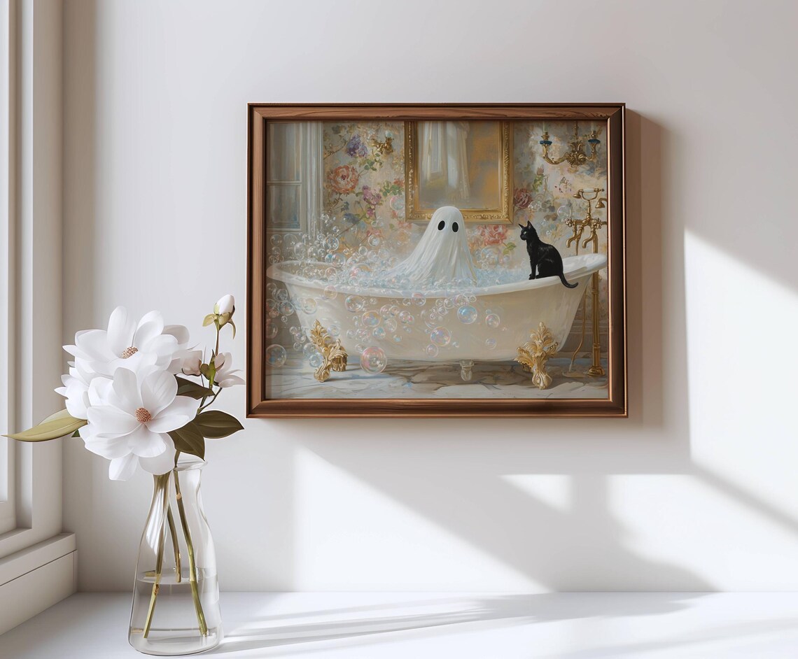 Ghost And Cat In Bathtub Spooky Cute Halloween Poster - Image 7
