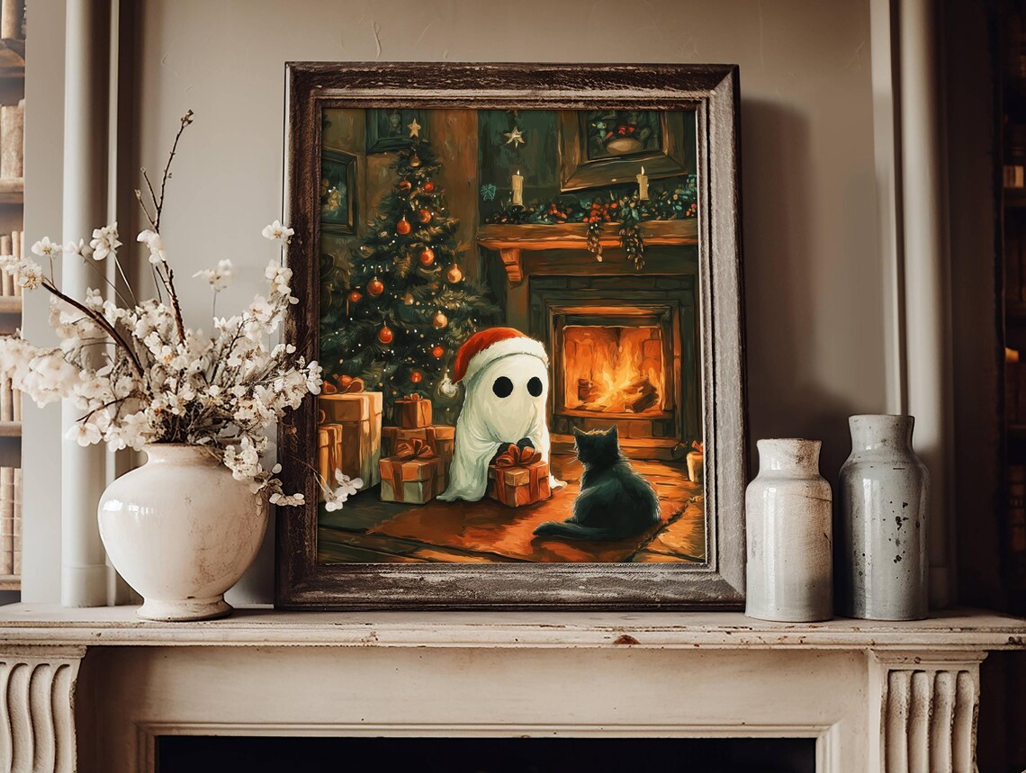 Ghost and Black Cat Christmas Poster, Spooky Holiday Art - Image 6