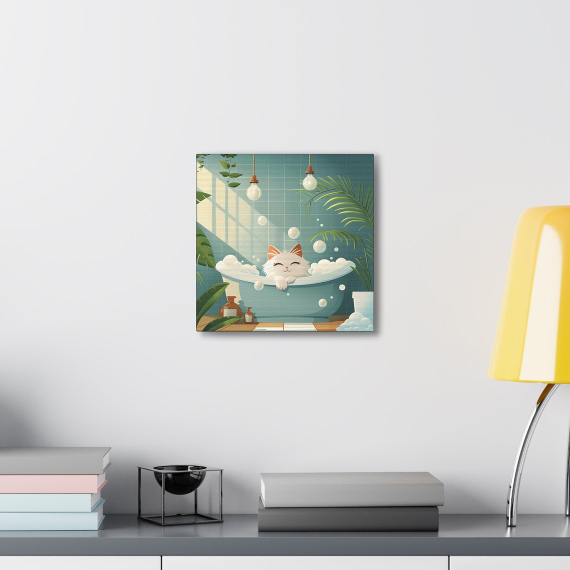 Happy White Cat Relaxing in a Teal Bubble Bath Cartoon Poster - Image 6