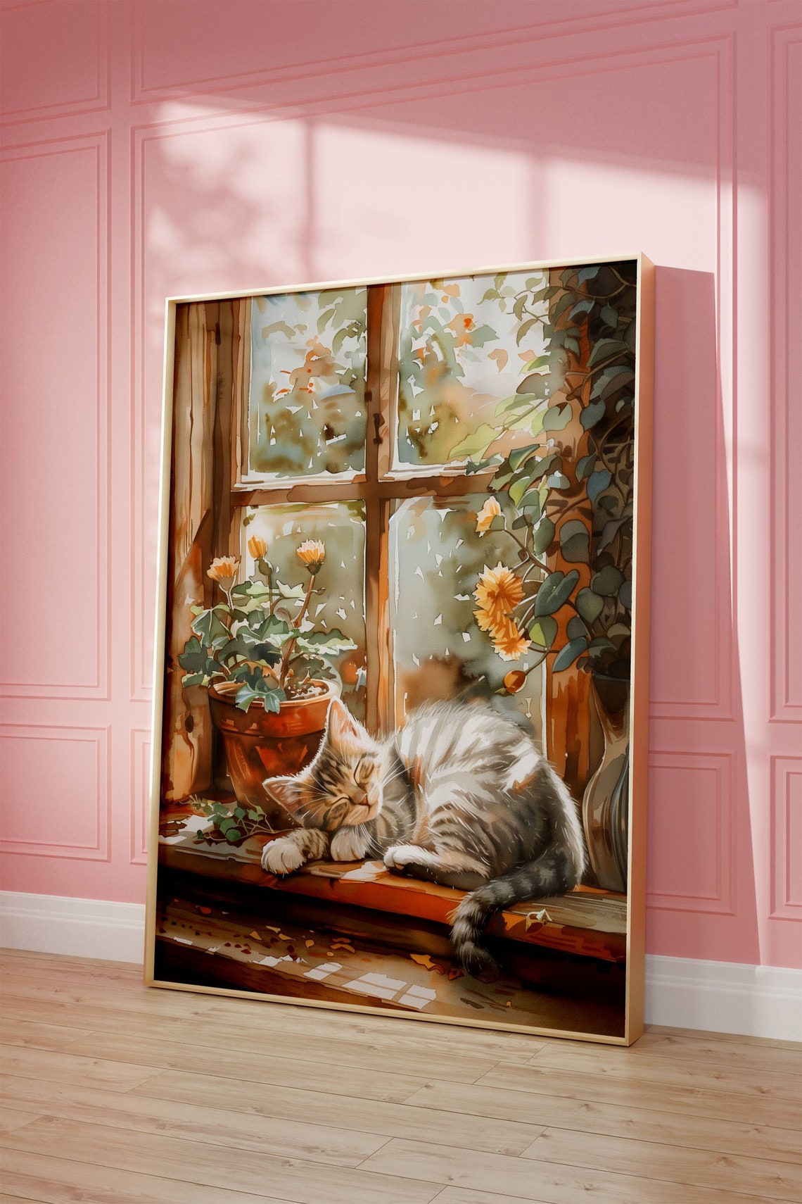 Sleeping Gray Tabby Kitten On A Windowsill Watercolor Poster - Image 2