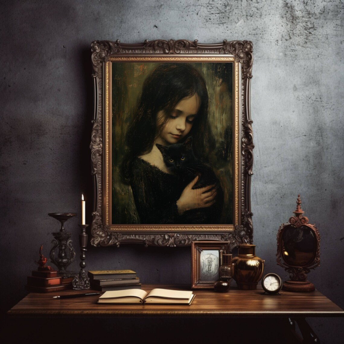Girl Embracing A Black Cat Against Her Cheek Moody Art Poster - Image 5