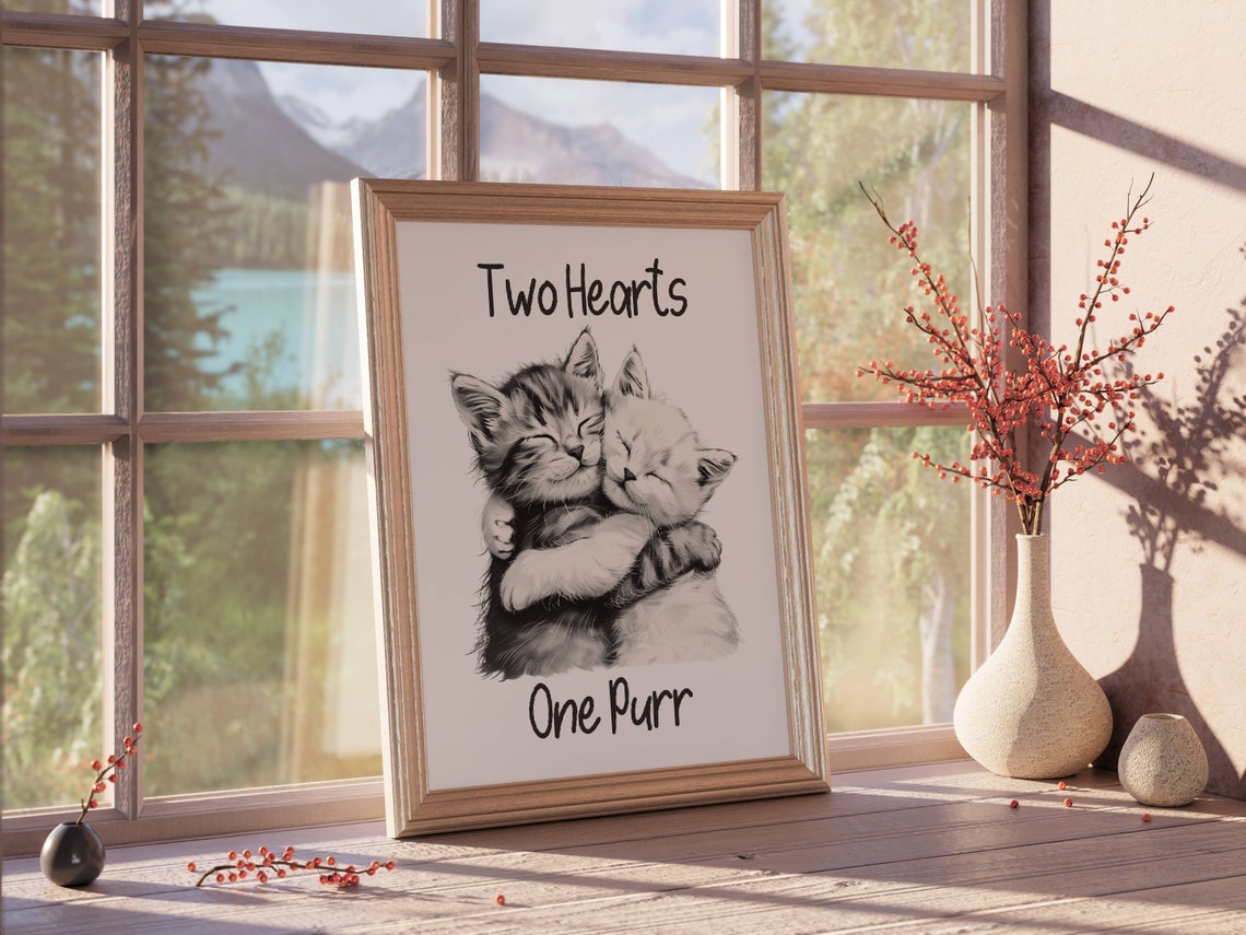 Two Hearts One Purr Hugging Kittens Cat Lover Anniversary Gift Poster - Image 5