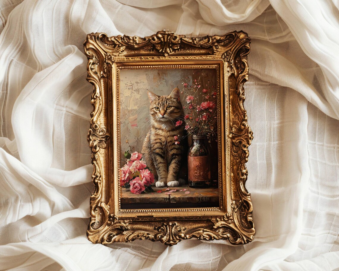 Regal Tabby Cat Sitting Gracefully Among Pink Roses and a Vintage Bottle Poster - Image 4