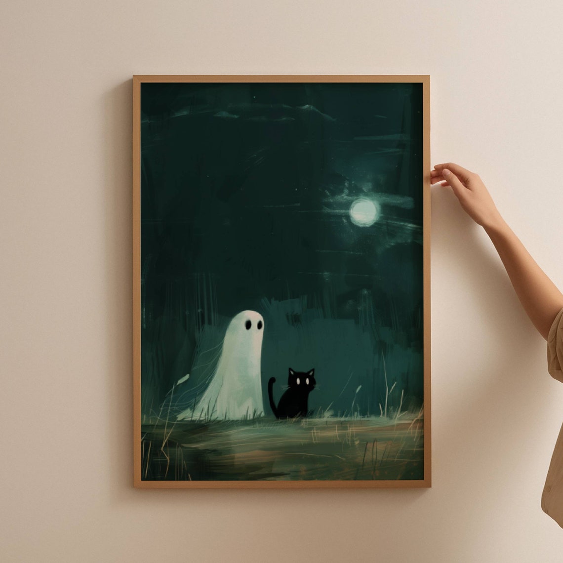 Ghost And Black Cat On A Hill Under The Full Moon Night Poster - Image 5