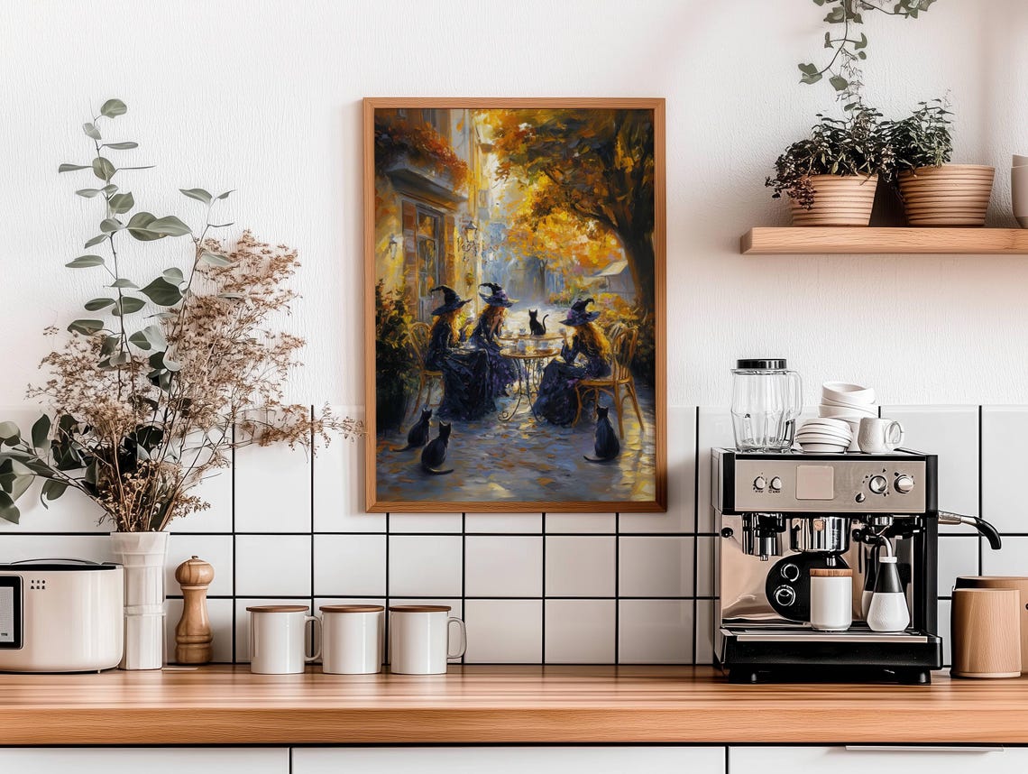 Witches Sharing Tea with Black Cats at an Autumn Street Cafe Poster - Image 2