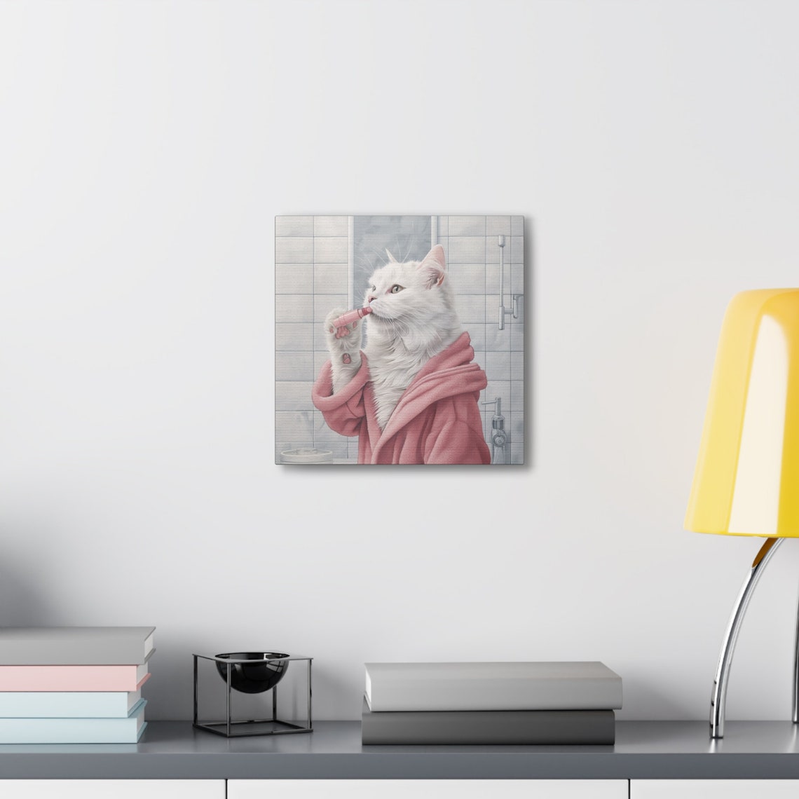 White Cat in Pink Bathrobe Applying Lipstick Bathroom Poster - Image 4