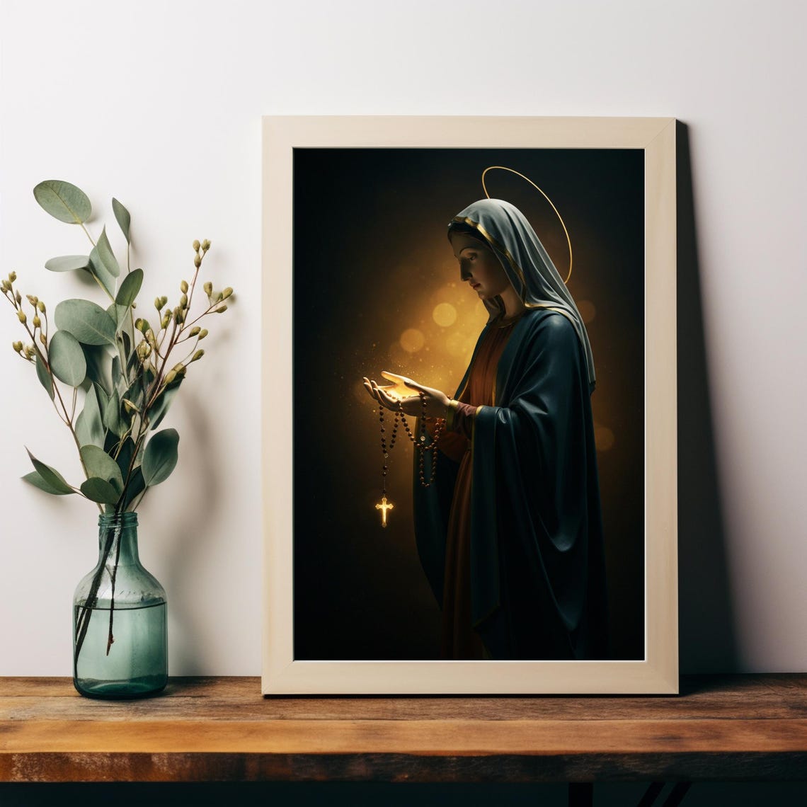 Virgin Mary Holding Glowing Rosary Golden Light Cinematic Faith Poster