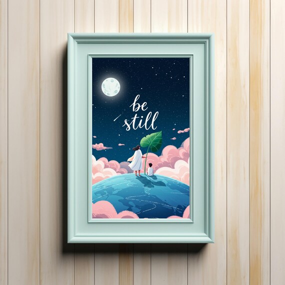 Be Still A Dreamlike Scene Under Starry Night Sky With Figures On Globe And Luminous Moon In Soft Colors