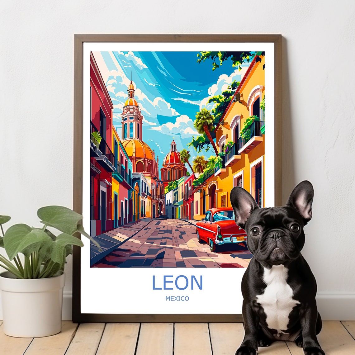 Leon Mexico Colonial Street Cathedral Classic Car Travel Poster - Image 3